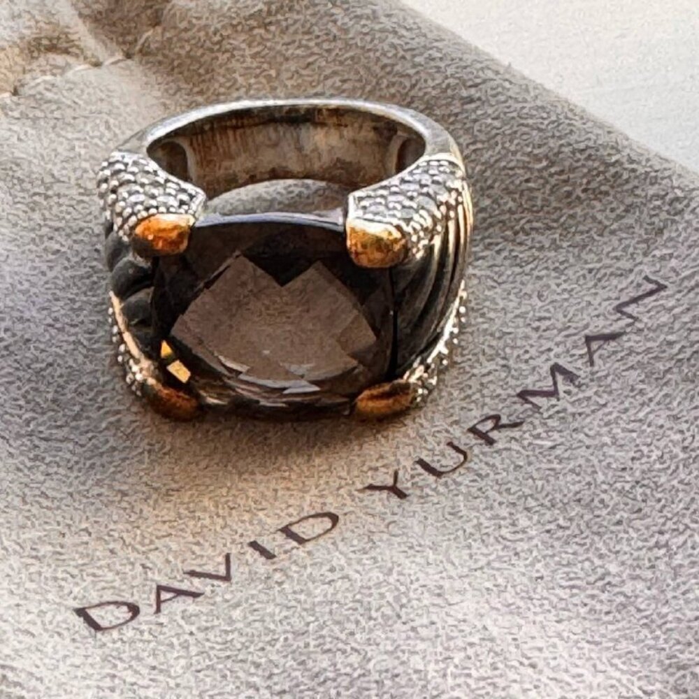 David Yurman Smoky Quartz Statement Ring in Sterling Silver, Gold and Diamonds